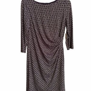 Eliza J Navy/White Geometric Design-Sheath Dress-Size 12-Rusched-Zipper back NWT